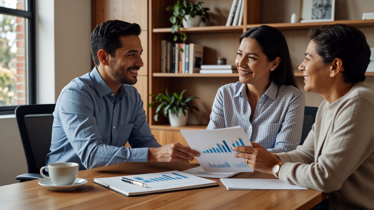 Asesor patrimonial mostrando su plan a una pareja en Rosh Financial Wealth