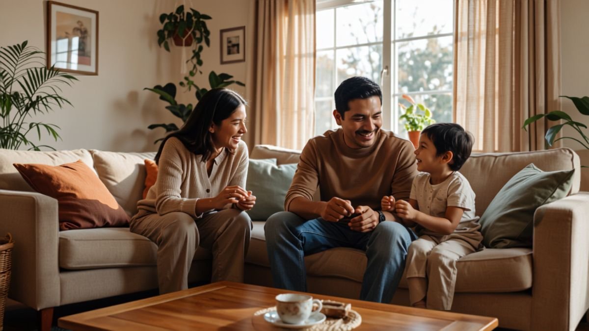 Padres jovenes jugando con sus hijos, protegidos por un seguro de vida